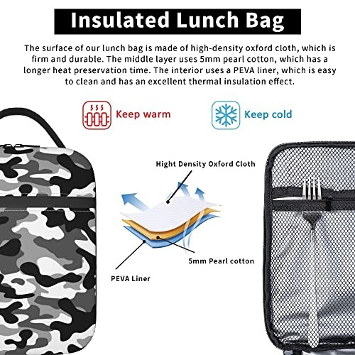 Lunch Bags For Men Women Boys Girls Reusable Tote Lunch One Size Black Camo - Bild 5 von 7