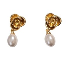 Gold Tone Rose Flower Faux Pearl Drop Earrings Floral Dangle Bridal Jewelry