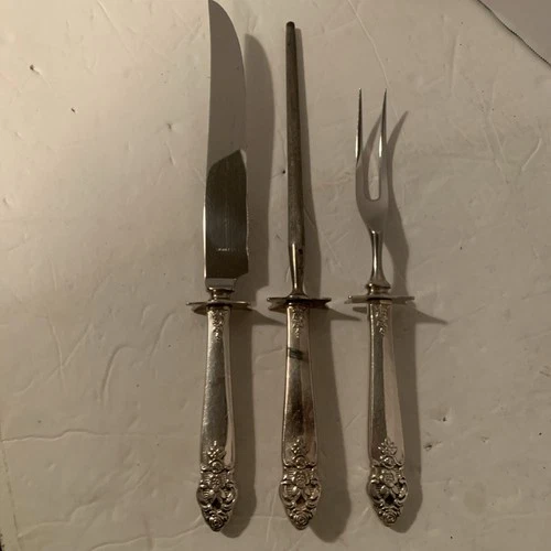 Wallace Grande Baroque Silver Handles Carving Set No Monogram 11” Vintage