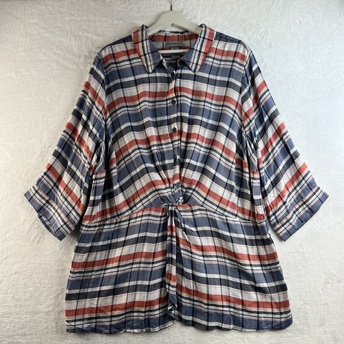 Catherines 1X 18W 20W Twist Front Tunic Top Plaid Half Sleeve Preppy Flattering - Picture 2 of 11