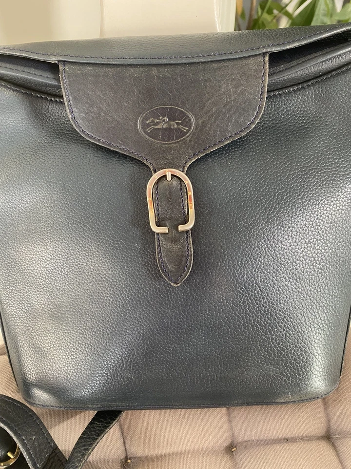 Ancien Sac à Main bleu nuit Longchamp Sac Vintage Cuir grainé Porté Bandoulière - Photo 1/4