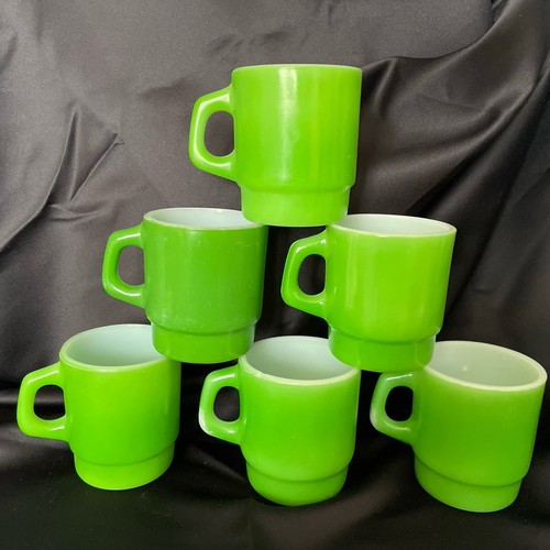 Lot Of 6 Vintage Anchor Hocking Fire King Coffee Mug Cup Green Milk Glass - Picture 5 of 16