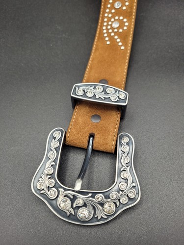 Justin Boots Brown Leather Suede Rhinstone Belt Western Rodeo Size 32 - Picture 2 of 7