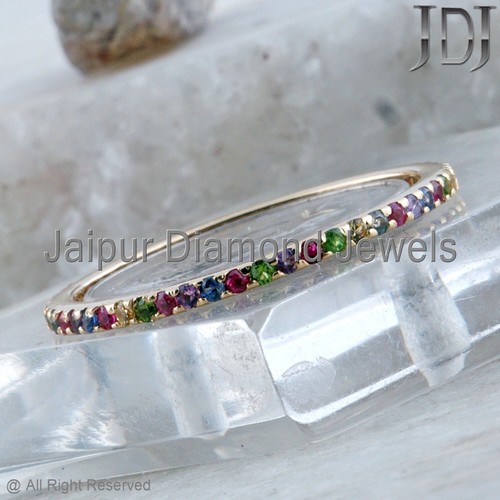 Eternity Band Ring Natural Multi Gemstone Solid 14k Yellow Gold Stackable Ring - Picture 8 of 14