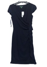 Ralph Lauren Women Formal Navy Wrap Ruffle Dress Size 6 Stretchy Ruffled Sleeve