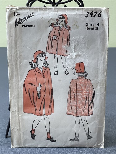 Buttoned Cape and Hat Vintage 1943 Advance 3476 Sewing Pattern Girls Sz 4 - Picture 3 of 12
