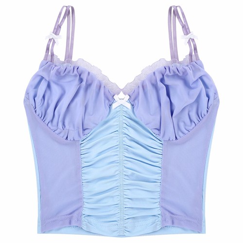 Women's Crop Top Ruched Camisole Corset Lace Trimming Mesh Patchwork Tank Top - Bild 11 von 23