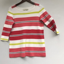 ANN TAYLOR LOFT Knit Sweater Sp White Pink Green Stripe Cotton Scoop Neck
