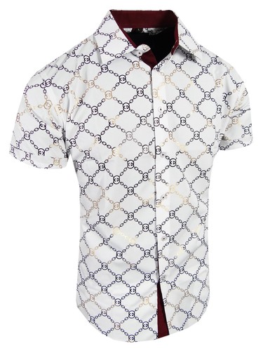 Designer Shirt Short Sleeve Men Luxury Bronze Italian Stripe Logo Stretch Button - Picture 7 of 11