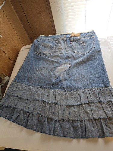 Vtg Womens Large Boho Hippie Denim Levis Up Cycled Skirt W/ Ruffle & Tie - Picture 18 of 20