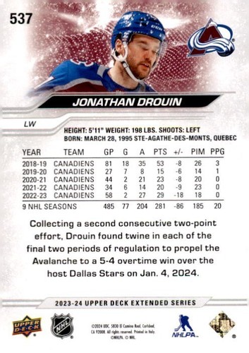 2023-24 Upper Deck Hockey #537 Jonathan Drouin Colorado Avalanche Ext Series - Picture 2 of 2