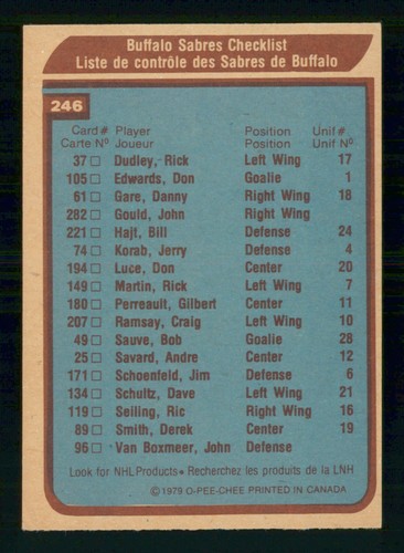 LISTA DE VERIFICACIÓN BUFFALO SABLES 1979-80 O-PEE-CHEE 1979-80 Nº 246 como nueva+ 62020 - Imagen 2 de 2