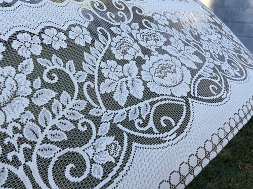 Vintage Off White & Taupe Floral Lace Tablecloth - Picture 3 of 3