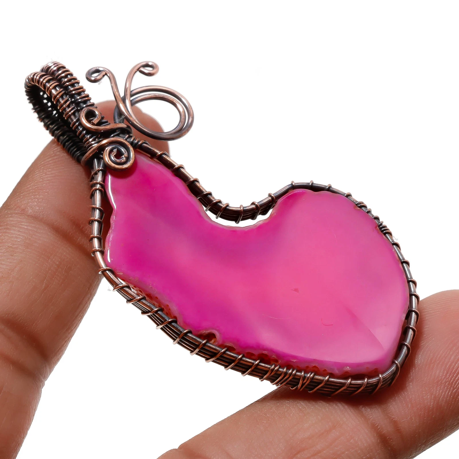 VETEMENTS Ciondolo pietra preziosa agata rosa Botswana unico filo avvolgente rame gioielli 2 6" t388