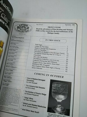 Antique Bottle & Glass Collector Magazine September 2002 Vol