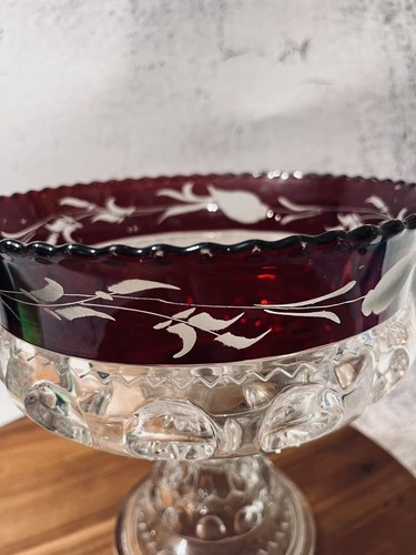 ANTIQUE EAPG RUBY RED STAINED OPEN COMPOTE KINGS CROWN THUMBPRINT FOOTED DISH - Picture 24 of 24