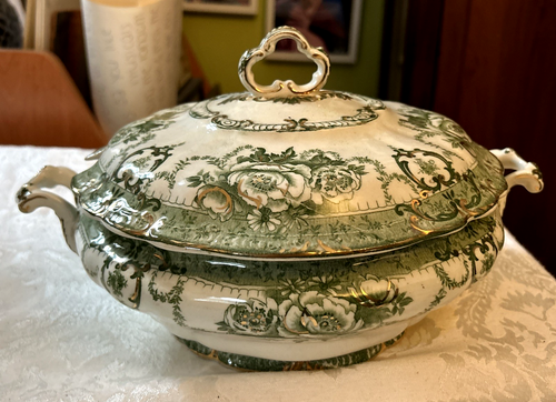 Antica zuppiera e coperchio C1840 Flow Green Ridgeway Roxbury cena LG 12x9,5x6"