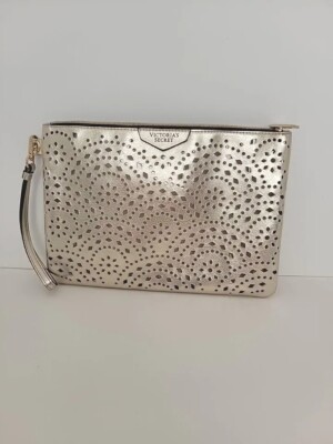 Victoria's Secret Gold Zip Wristlet Eyelet Cutout Pattern Wrist Strap Pouch.