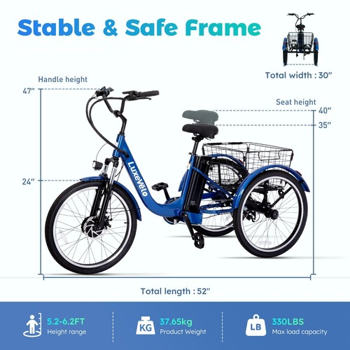3 Wheel Electric Tricycle for Adults Shimano 7-Speed 24" Electric Trike 48V 13Ah - Picture 8 of 10