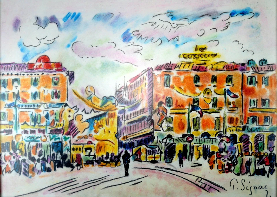 PAUL SIGNAC / Auténtico DIBUJO PASTEL sobre PAPEL FIRMADO / Enmarcado. Foto 2 de 4