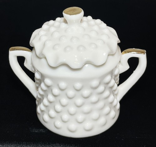 Vtg White Hobnail Milk Glass Creamer Sugar + Lid Hand Painted Gold Accents - Picture 9 of 18