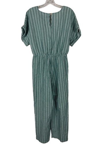 Francescas Blue Rain Womens Green Striped Jumpsuit Sz Small Short Sleeve Cropped - Picture 2 of 9