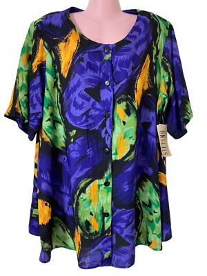 Vtg Stefano International Blouse Women's 18 20 Abstract Purple Green Yellow NEW