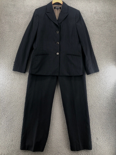 Kasper Suit Set Womens 12 Black Pinstripe Pants Blazer Button Up Pockets Office