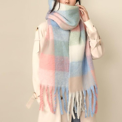 Chunky Winter Scarfs for Women Cold Weather Warm Knit Thick Plaid Pastel - Picture 2 of 7