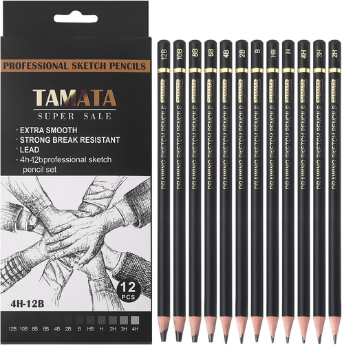 TAMATA Professional Drawing Sketching Pencil Set - 12 Pieces Art Drawing Graphit