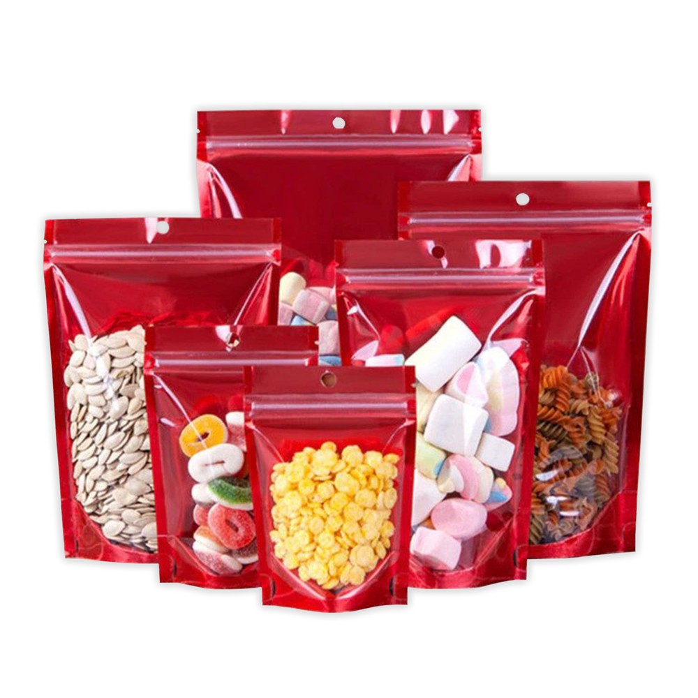 100-1000 Red Mylar Foil Zipper Stand Up Bags with Clear Window