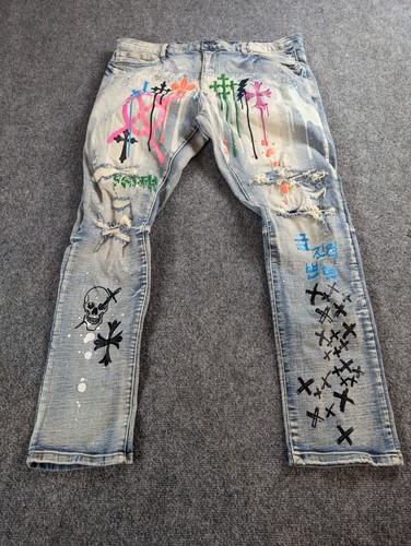 Smoke Rise Jeans Mens 42/32 Blue Graffiti Painted Distressed Jeans