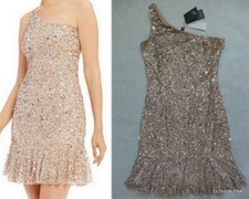 NWT ADRIANNA PAPELL  Size 2 One Shoulder Ruffled Hem Sequin Dress in Blush Multi