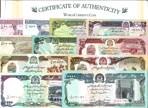 Afghanistan Full Set of 1 2 5 10 20 50 100 500 1000 5000 10000 AFGHANI UNC + COA - Picture 1 of 3