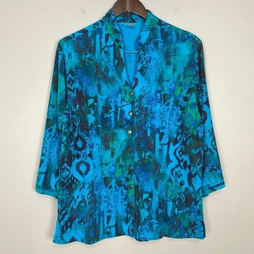 Tianello Garment Dyed Ikat Top Women’s Size M Button Front Tencel Boho Colorful