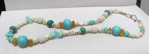 Turquoise Brown & Bone 28” Molded SKULLS Beads Faux Stone Shards Necklace  - Picture 4 of 11