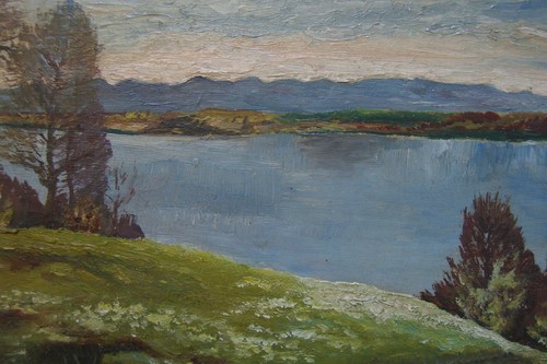 ::DIPINTO OLIO °LAGO RIVA PRIMAVERA PREALPI CIELO BLU °CORNICE ANTICA °1930 CIRCA OLIO - Foto 4 di 5