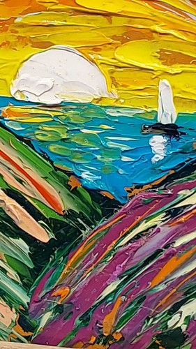 Sunset Sailboat Original Painting 3D Wildflowers Semi-Abstract Wall Art Handmade - Picture 12 of 23