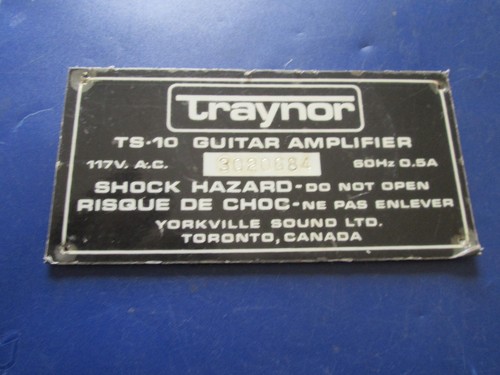 Vintage '60s-70s Traynor Canada TS-10 Guitar Amp Amplifier BACK MODEL PLATE ! - Picture 2 of 3