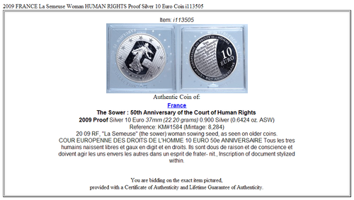 2009 FRANCE La Semeuse Woman HUMAN RIGHTS Proof Silver 10 Euro Coin i113505 - Picture 3 of 3