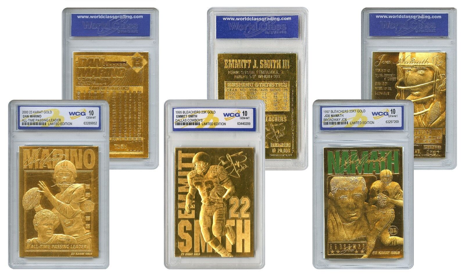 Set of 3 NFL 23K Gold Cards - DAN MARINO / EMMITT SMITH / JOE NAMATH Gem-Mint 10 - Picture 3 of 3