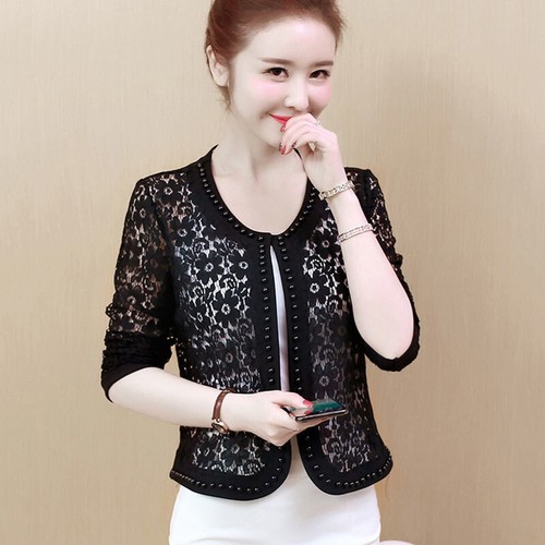 Lady Floral Lace Blazer Suit Jacket Open Front Crew Neck Evening Outwear Slim - Picture 3 of 15