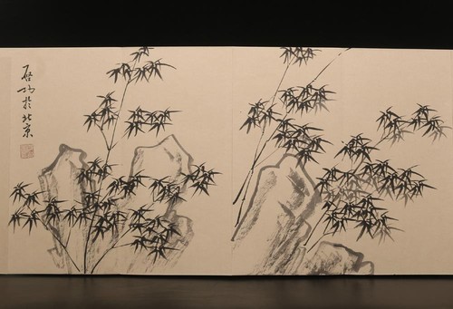 Antiguo rollo de caligrafía chino pintado a mano firmado por Qi Gong con bambú - Imagen 5 de 10