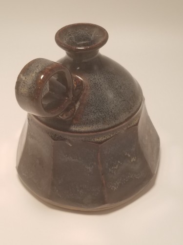 Vintage Zakala Art Pottery Hand Signed Blue/Brown Glazed Stoneware Oil Lamp - Picture 3 of 7