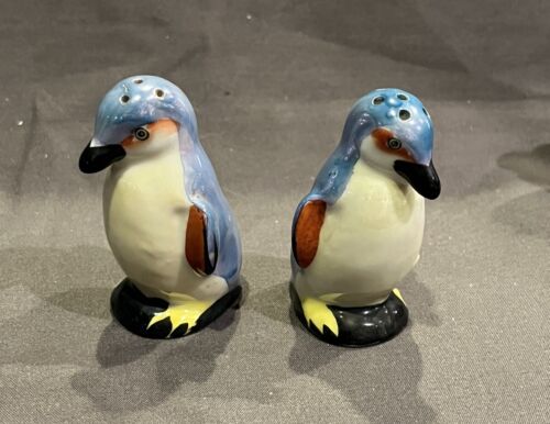 Vintage Lusterware Baby Pinguin Salz- und Pfefferstreuer mit Tablett blau orange Japan - Bild 3 von 14