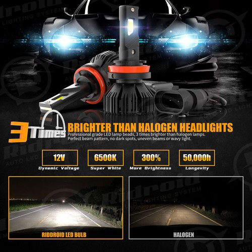 RIDROID H11 LED Headlight Kit Low Beam Bulb Super Bright 6000K Bulbs Free Return - Picture 7 of 20