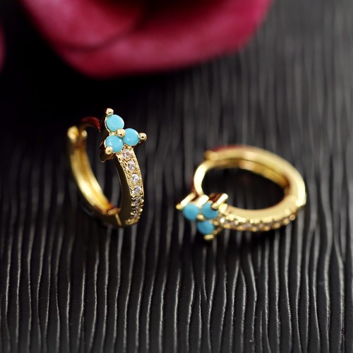 9K YELLOW GOLD FILLED BLUE TURQUOISE TRINITY FLOWER SMALL HOOP HUGGIES EARRINGS - Picture 5 of 7