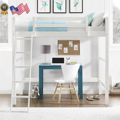 Loft Bed Frame For Kids Teens Girls Boys Twin Size Ladder Guard Rails Storage - Picture 2 of 12