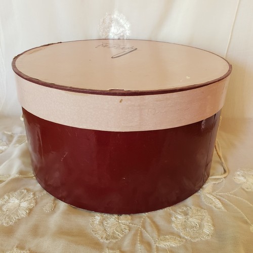 Vintage Hat Box Lipman's of Portland Large Round Pink Burgundy Cord Handle 50s - Picture 5 of 10