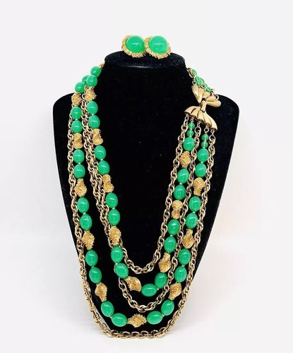 Chunky TRIFARI 5 Strand Faux Jade Necklace Earrings Demi Signed Vintage Jewelry - Picture 6 of 12